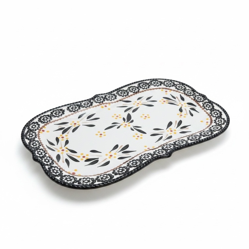 Temp-tations Old World Serving Platter Black Cream Oval Rectangular Ceramic Tray